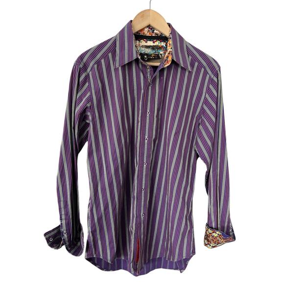 Robert Graham Purple Stripe Embroidered Cuff Button Down Dress Shirt Small - Picture 1 of 5